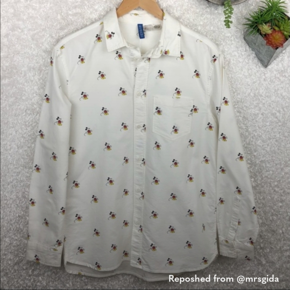H&M x Disney Mickey Mouse Button Down Long Sleeve White Chambray Shirt - Small